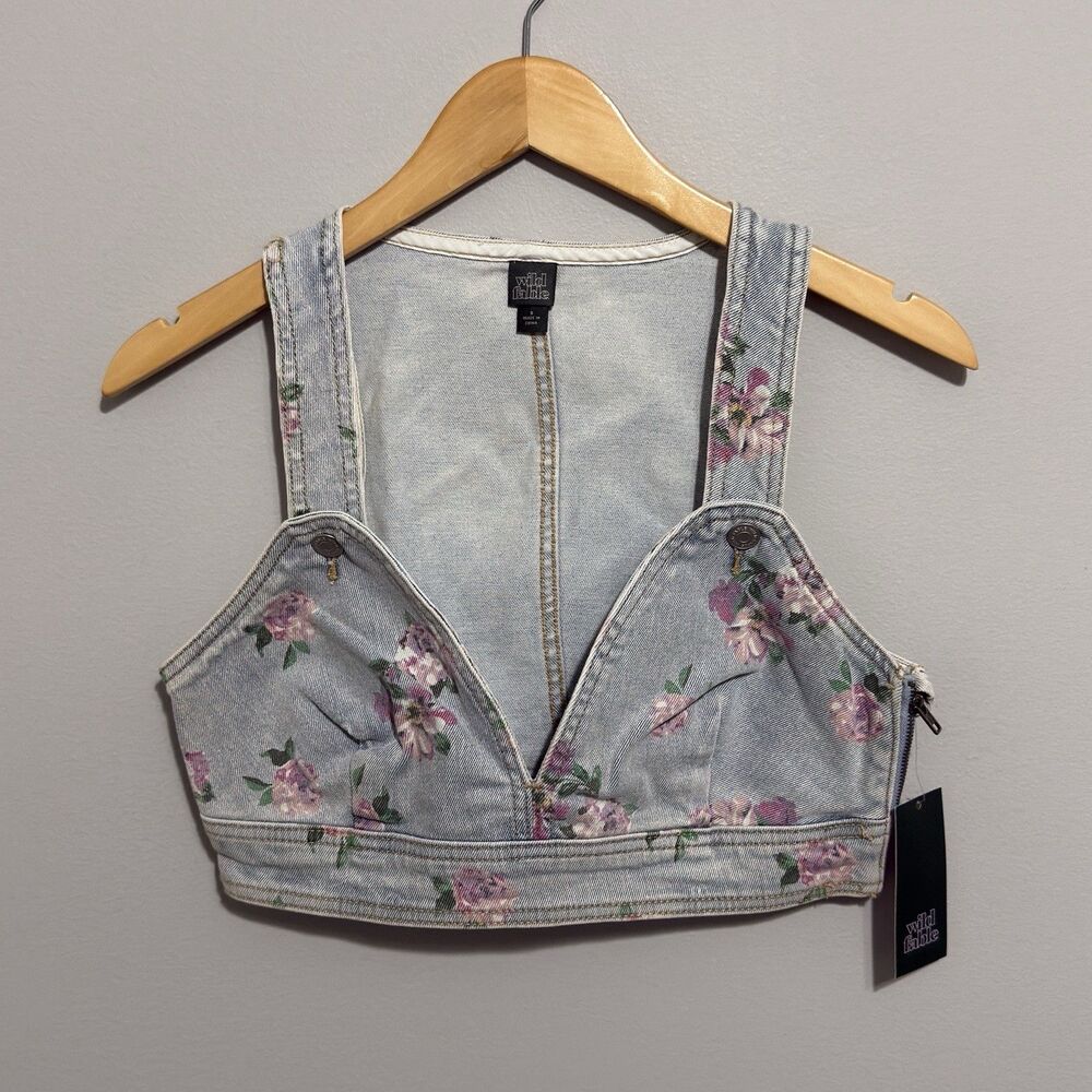 Wild Fable Womens Crop Top Vest S Floral Denim Western Cottagecore Nashville NWT